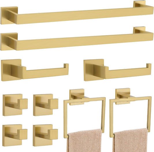 23.6Inch Brushed Gold Towel Bar Set. 10 Pieces Bathroom Accessories Set. SUS304 Stainless Steel Towel Racks Toilet Paper Holder Set for Bathroom Wall Mounted